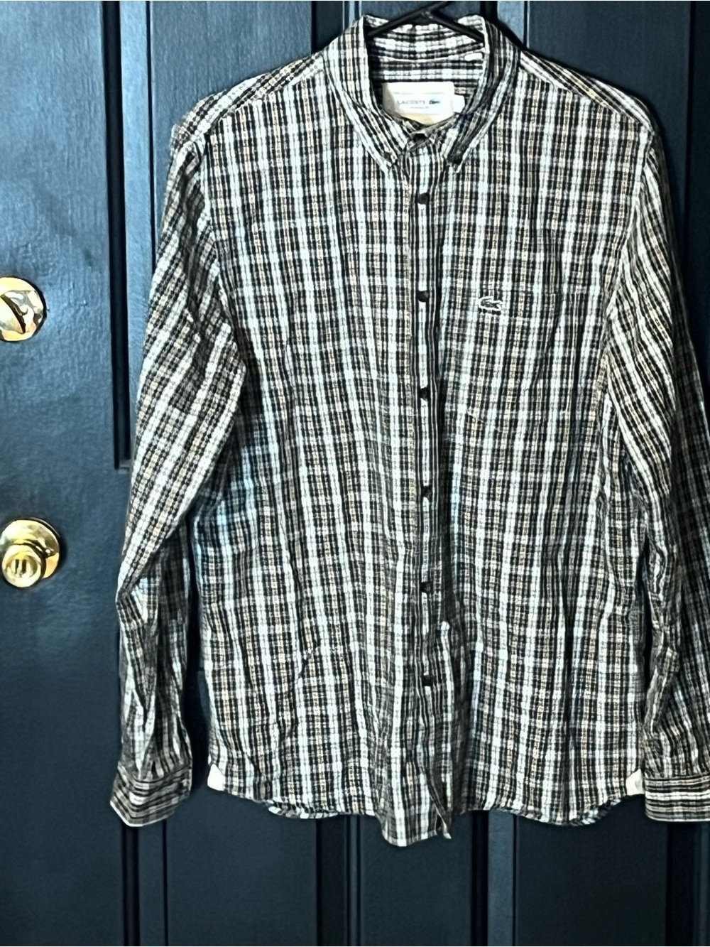 Lacoste Men's Black and White Plaid Button-Down Shirt